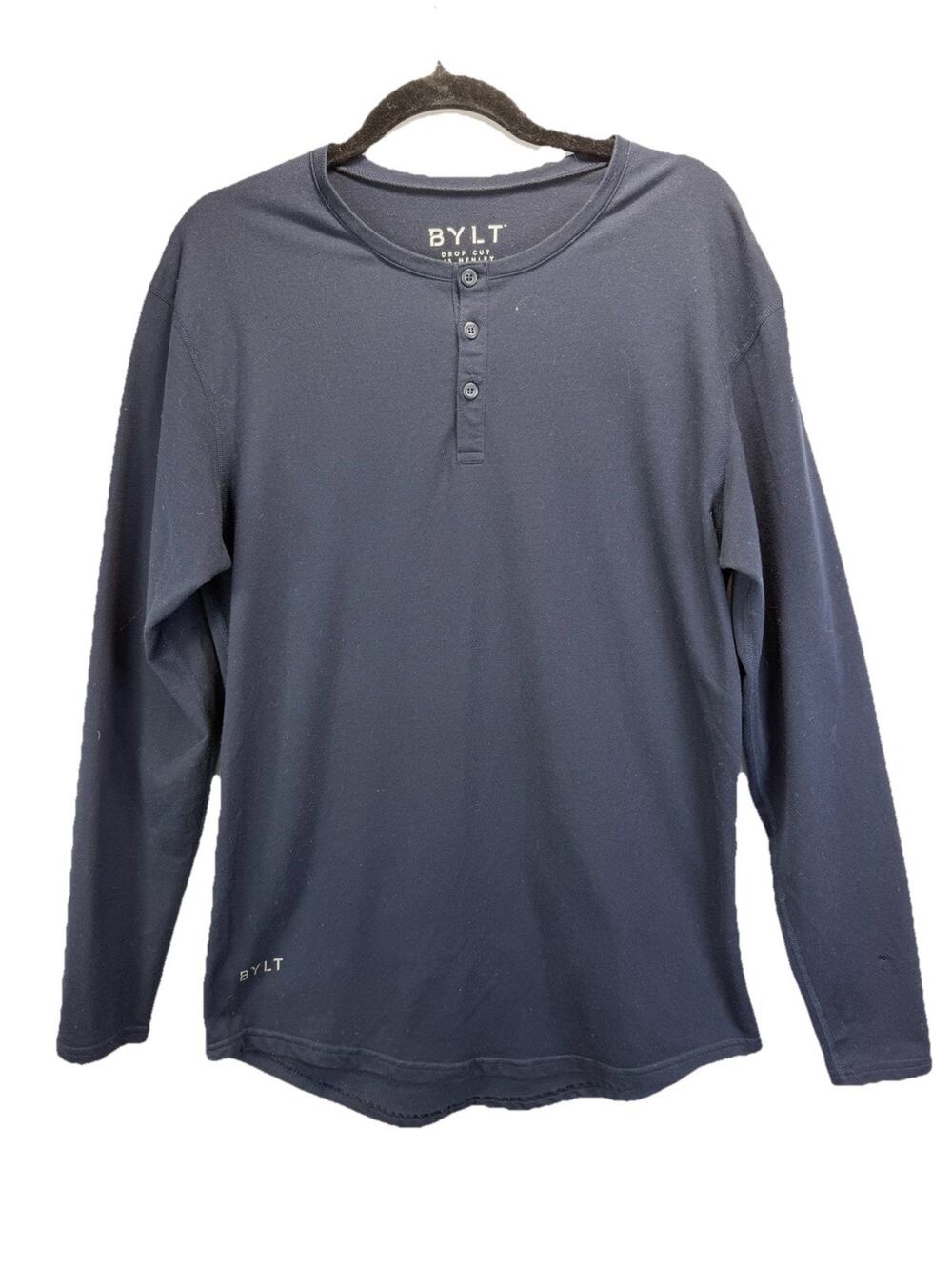 BYLT Shirt Size S Drop Cut Long Sleeve Henley Navy Performance Stretch